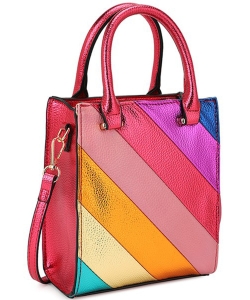 Rainbow Striped Colored Crossbody Top Handle Bag PMKUW-20351 DARK FUCHSIA